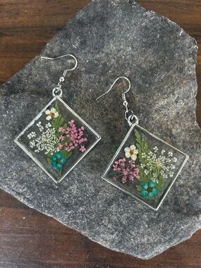 Hand Crafted Floral Resin Square Drop Earrings - Pink, Teal, White, Green